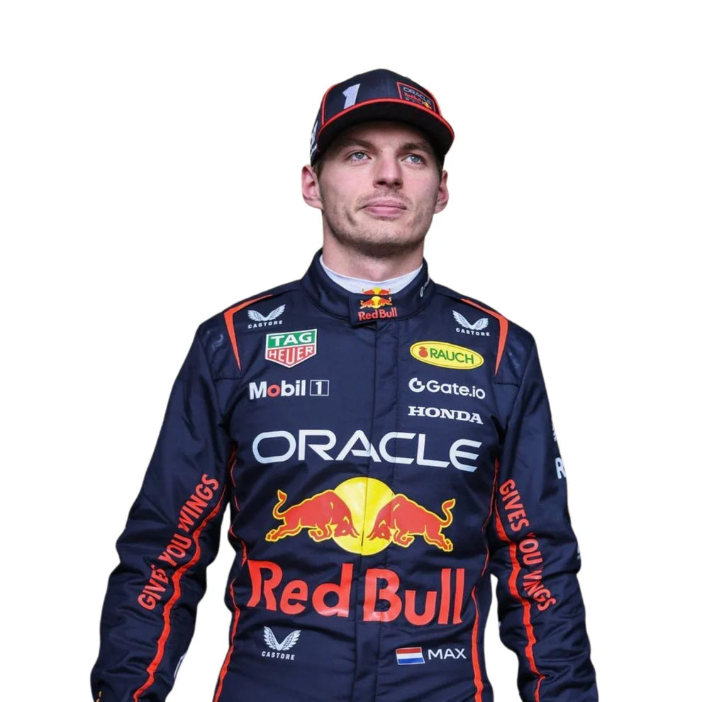 Max Verstappen wearing a 2025 Red Bull racing suit with various sponsor logos on a white background