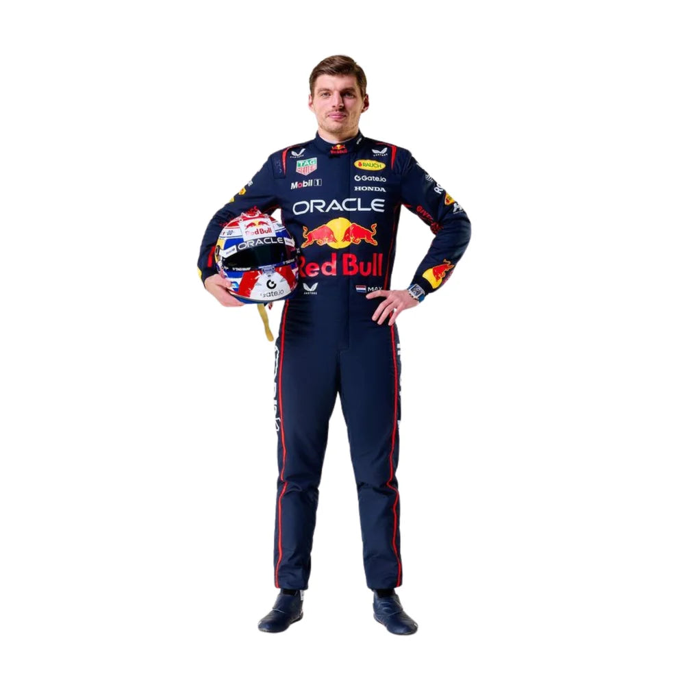 Max Verstappen wearing a 2025 Red Bull racing suit holding a helmet on a white background
