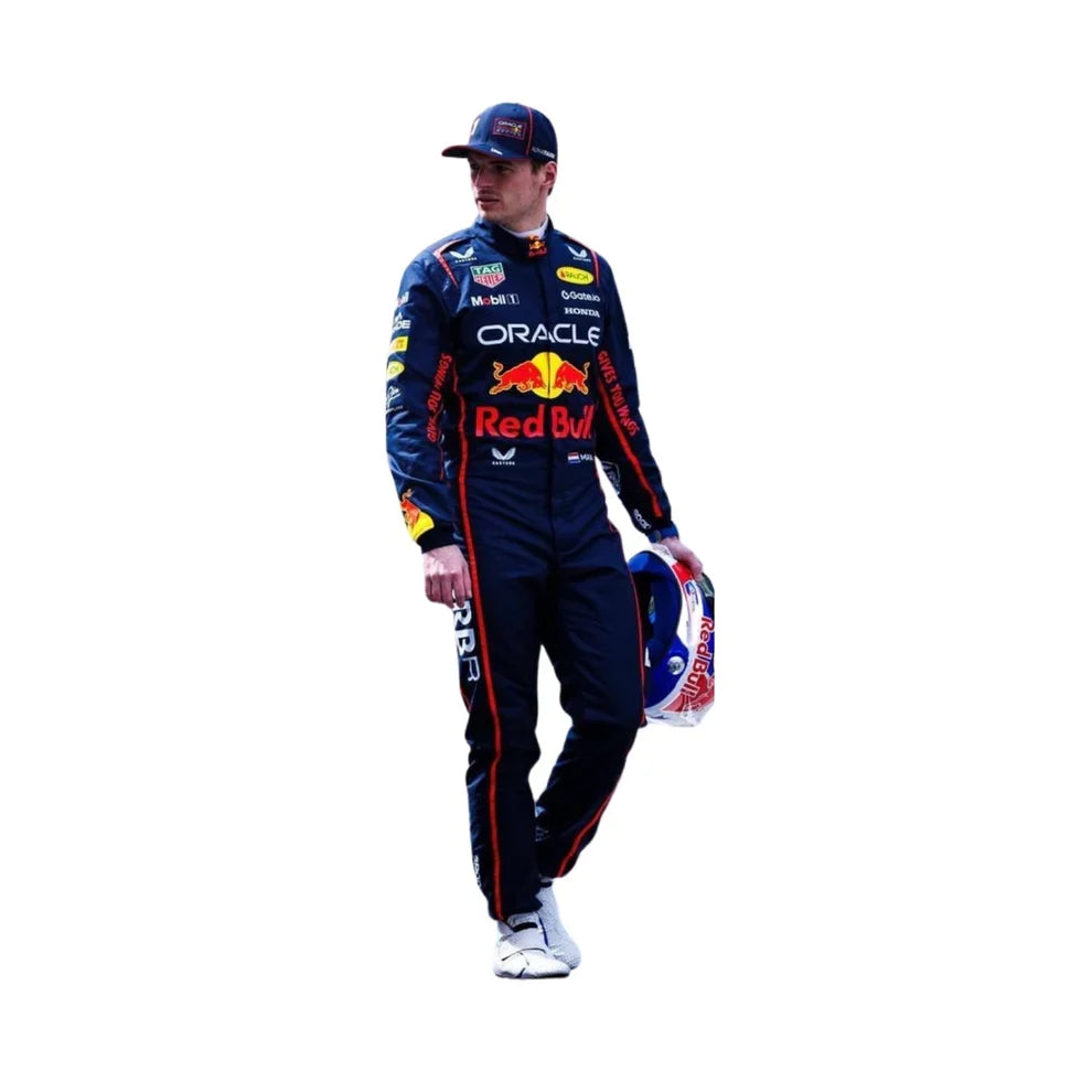 Max Verstappen wearing a 2025 Red Bull racing suit and helmet on a white background
