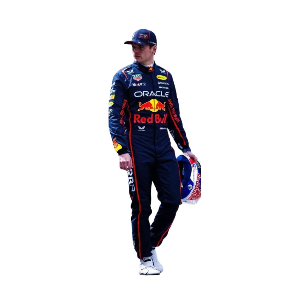 Max Verstappen wearing a 2025 Red Bull racing suit and helmet on a white background