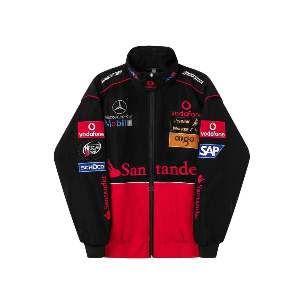 McLaren Mercedes F1 team vintage jacket front layout showcasing Santander, Vodafone, and Mobil 1 logos