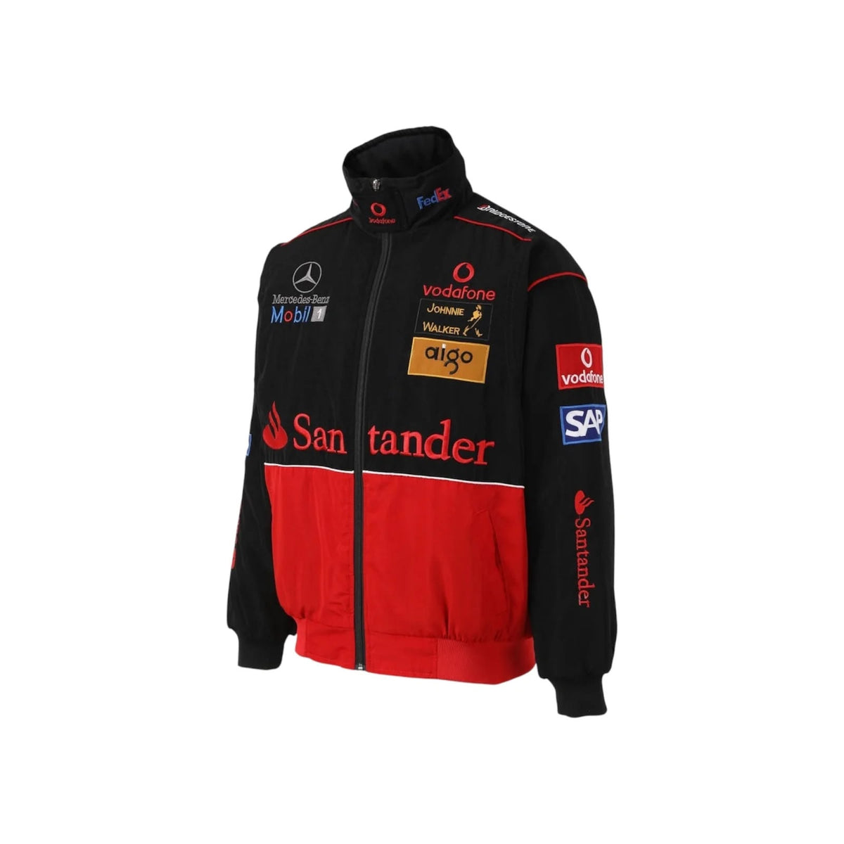 McLaren Mercedes retro motorsport jacket angled view highlighting sponsor branding and color blocking