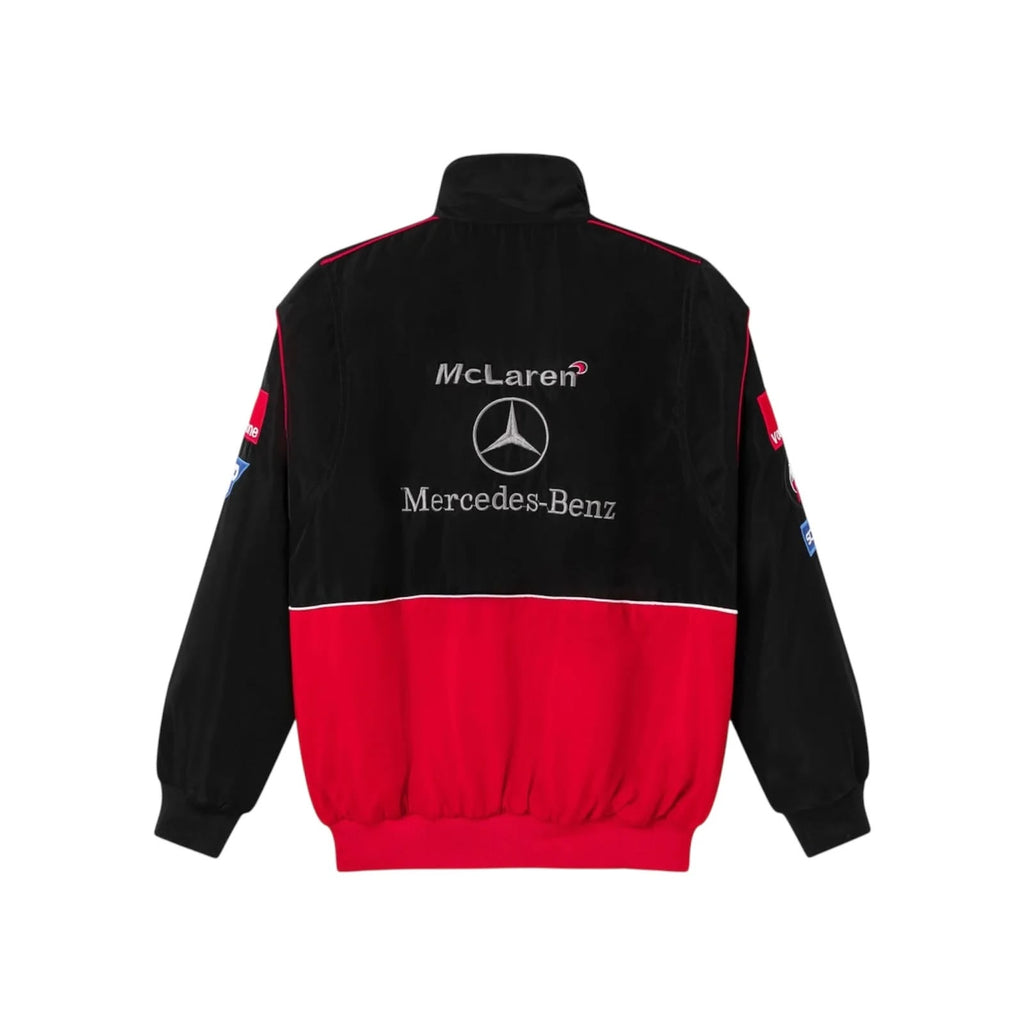 McLaren Mercedes F1 vintage team jacket back design featuring the McLaren text and Mercedes-Benz star emblem