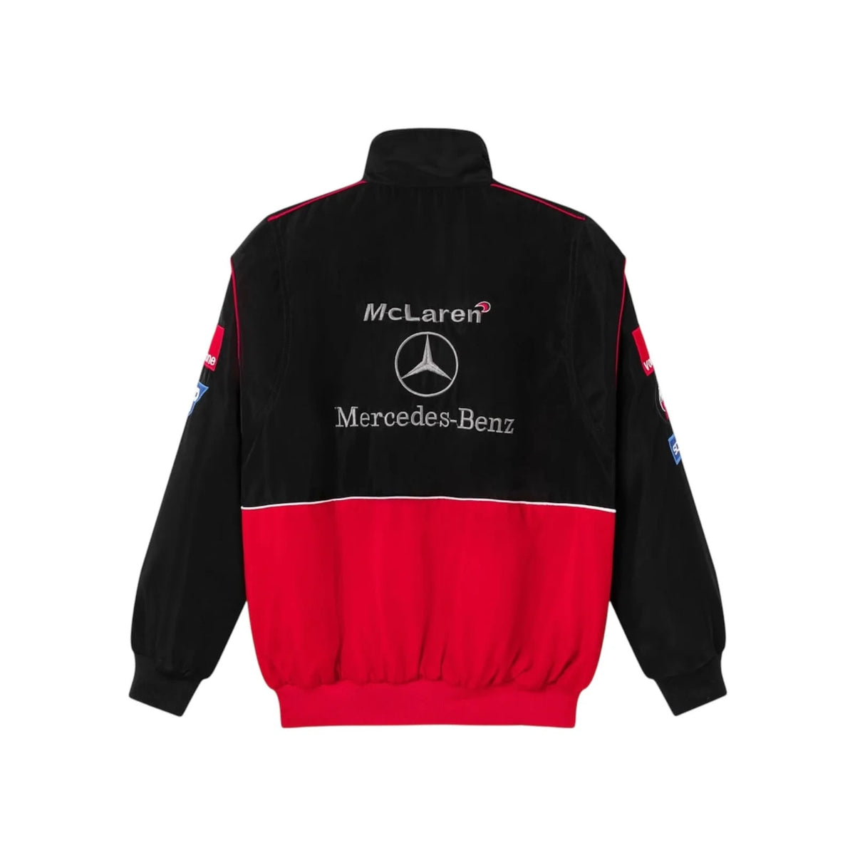 McLaren Mercedes F1 vintage team jacket back design featuring the McLaren text and Mercedes-Benz star emblem