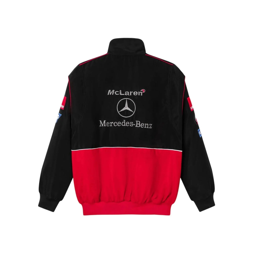 McLaren Mercedes F1 vintage team jacket back design featuring the McLaren text and Mercedes-Benz star emblem