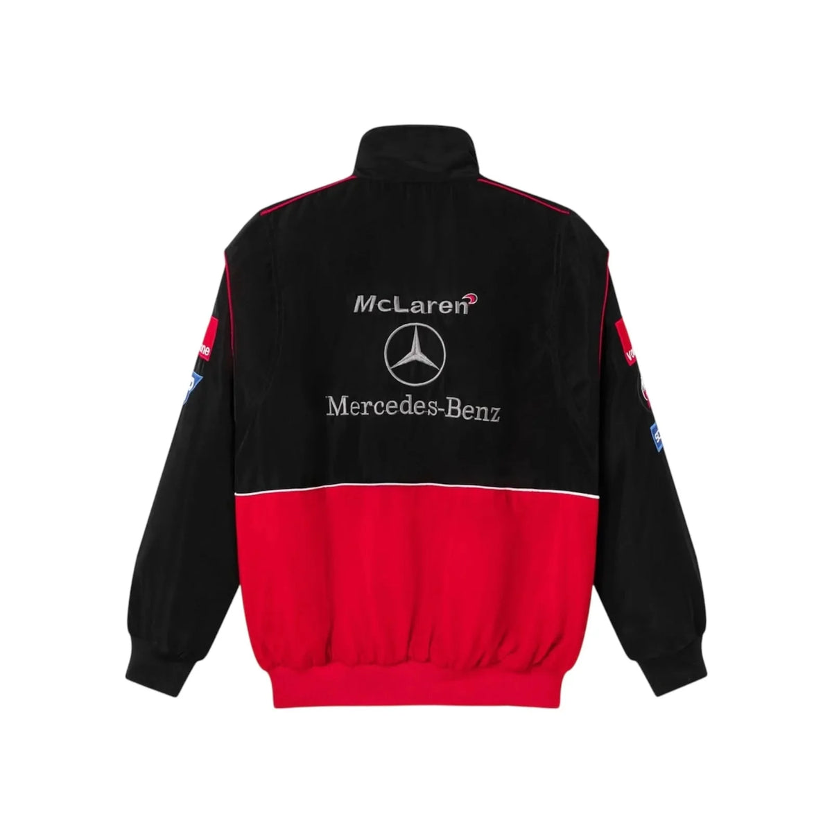 McLaren Mercedes F1 vintage team jacket back design featuring the McLaren text and Mercedes-Benz star emblem
