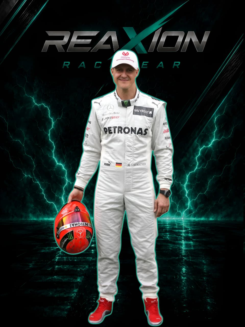 Michael Schumacher in Mercedes 2012 F1 Racing Suit and white cap stands holding a red helmet against a dark background with teal lightning effects and the large text 'REAXION RACEGEAR YEAR'.