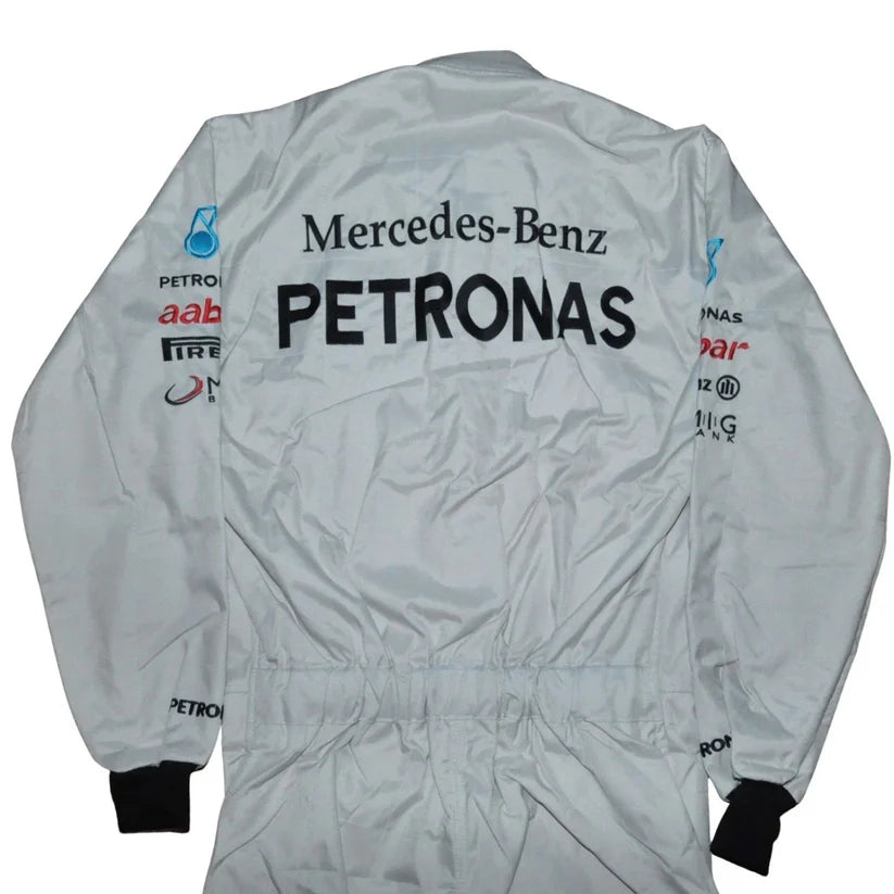 White racing suit with Mercedes-Benz Petronas branding on a white background