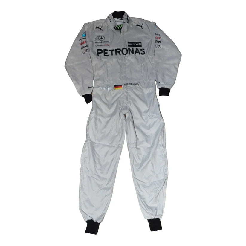 Gray racing suit with Petronas branding on a white background
