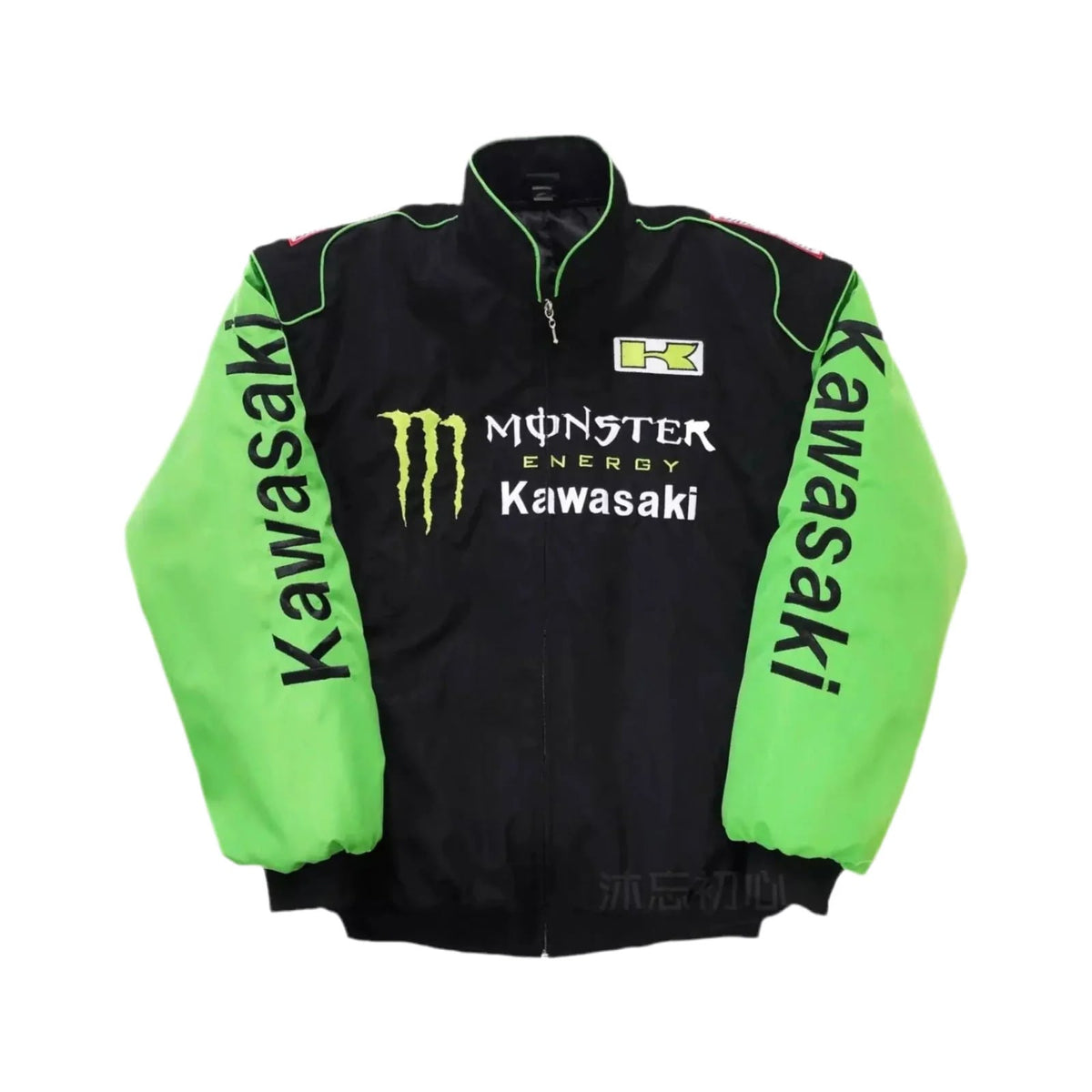 Monster Energy Kawasaki racing jacket front view featuring neon green sleeves and sponsor logos front view featuring neon green sleeves and sponsor logos