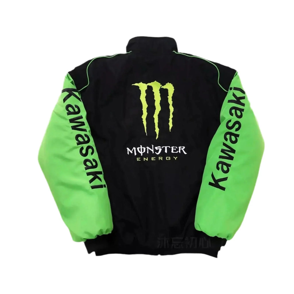 Monster Energy Kawasaki motorsport team jacket back design showcasing the large claw logo and branding