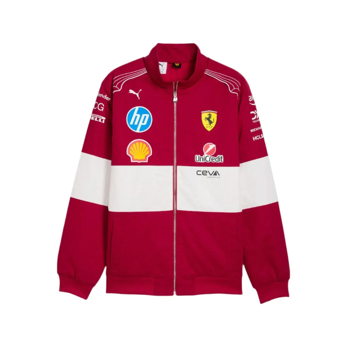 Official PUMA 2025 F1 Vintage Racing Team Jacket with various logos on a white background