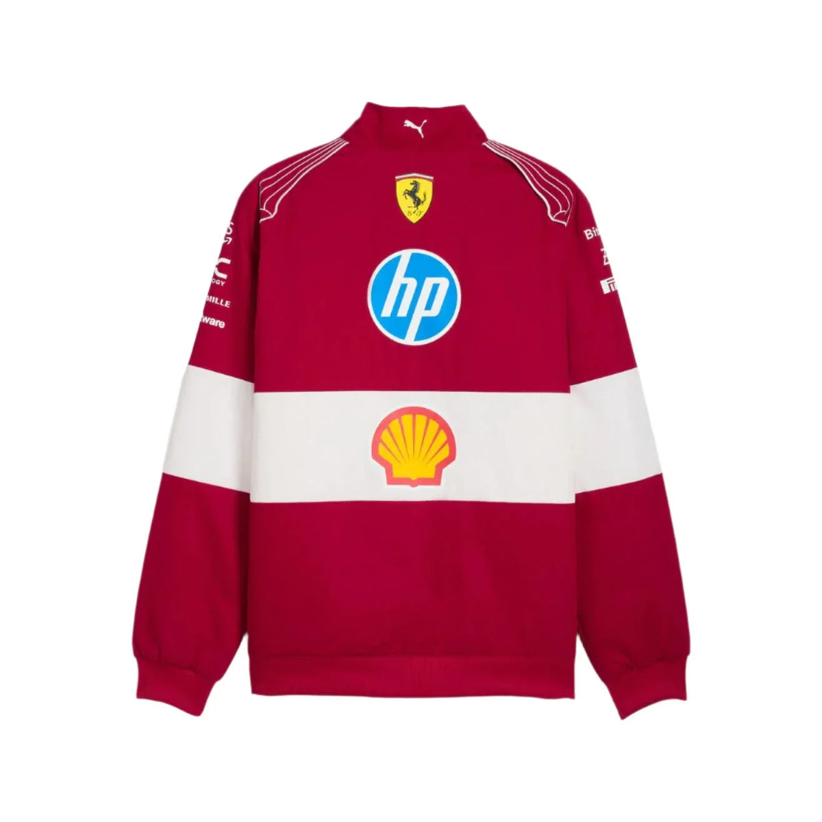 Official PUMA 2025 F1 Vintage Racing Team Jacket back side with various logos on a white background