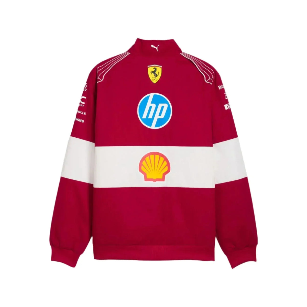 Official PUMA 2025 F1 Vintage Racing Team Jacket back side with various logos on a white background