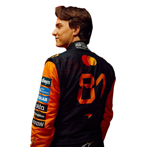 Oscar Piastri 2026 McLaren F1 racing suit back view featuring number 81 and sponsor logos