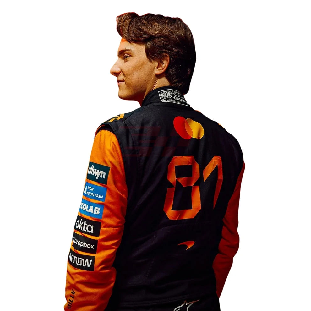 Oscar Piastri 2026 McLaren F1 racing suit back view featuring number 81 and sponsor logos