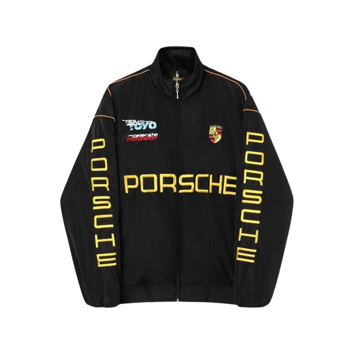 Porsche F1 vintage racing jacket front view featuring the Porsche chest logo and sleeve branding