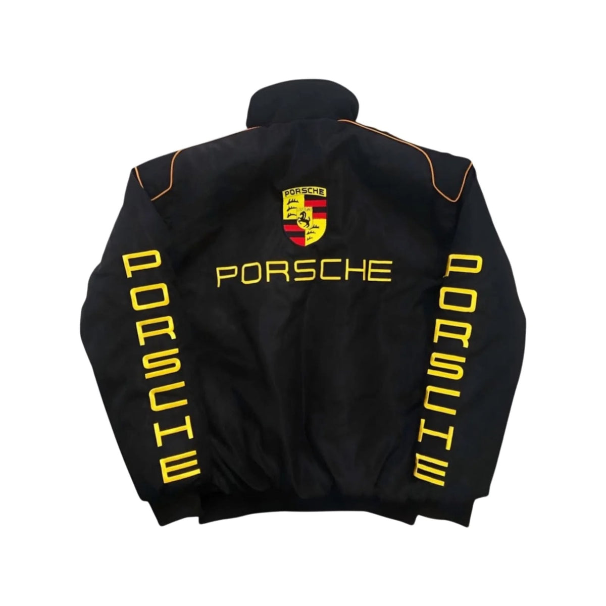 Porsche F1 retro motorsport jacket back design showcasing the large crest logo and PORSCHE text