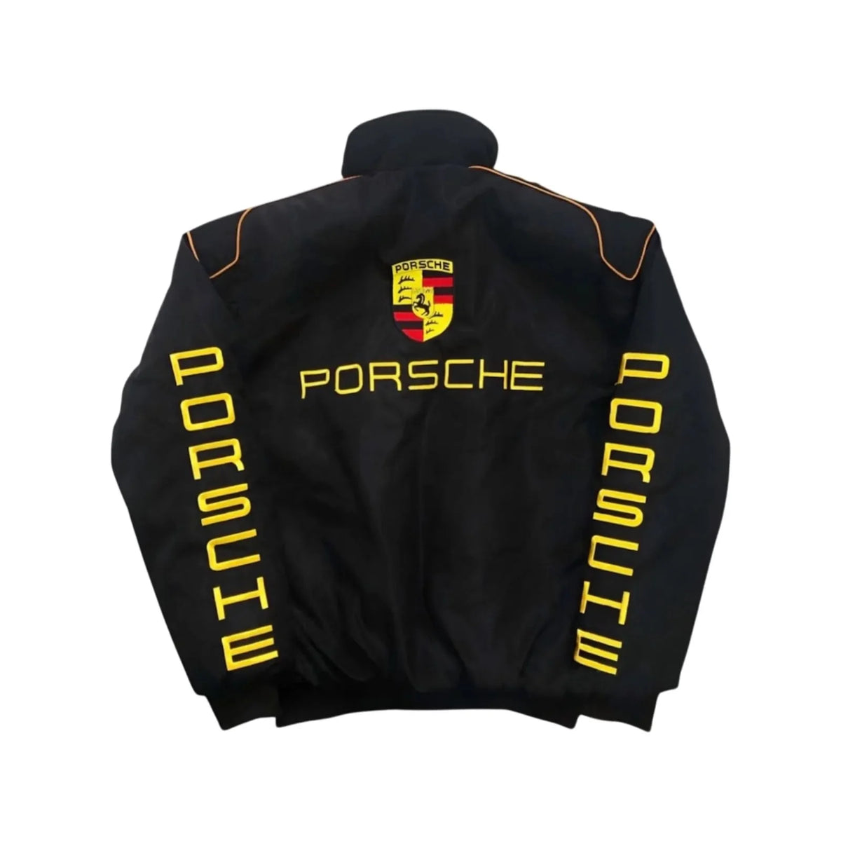 Porsche F1 retro motorsport jacket back design showcasing the large crest logo and PORSCHE text