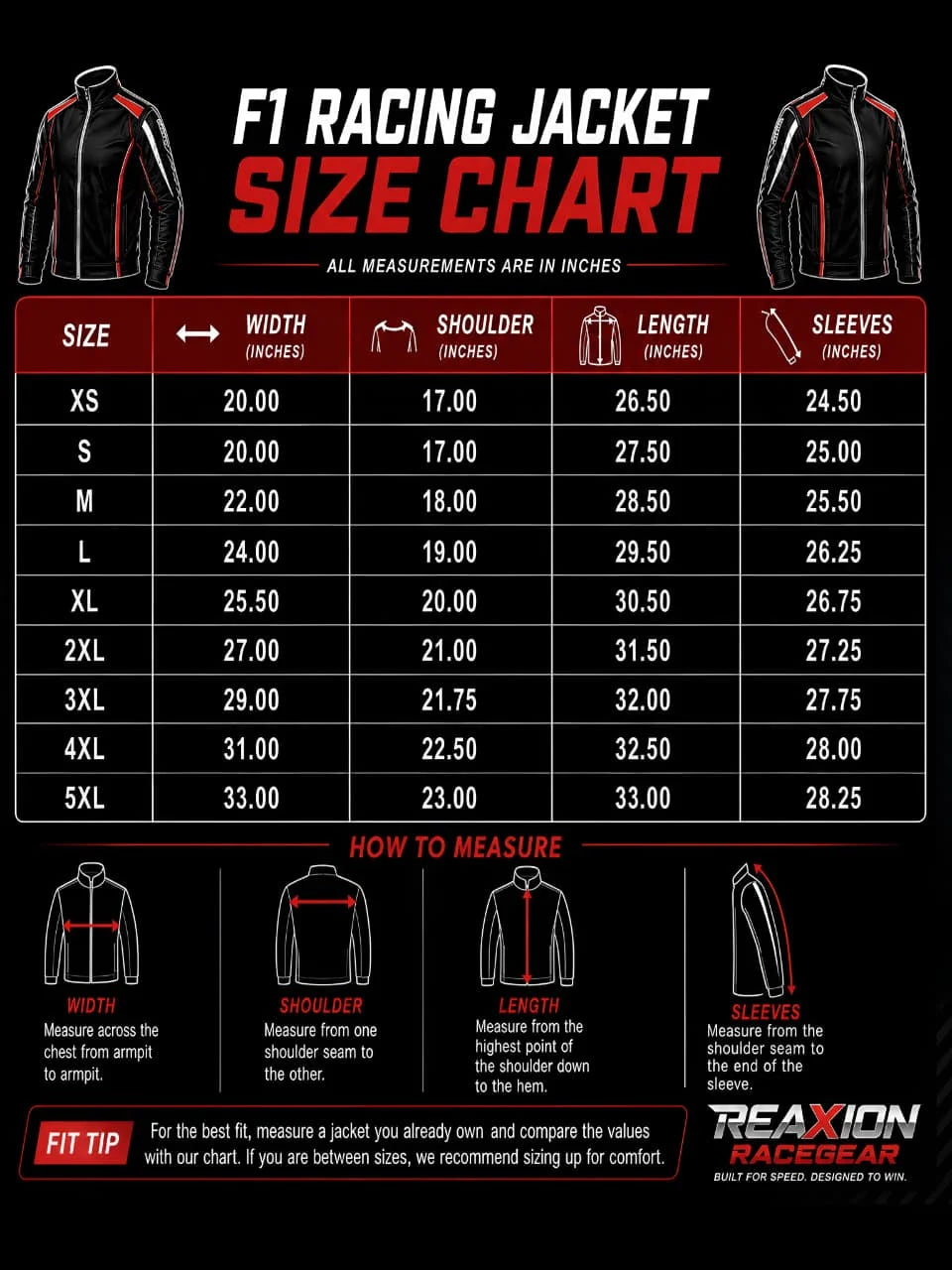 F1 racing jacket size chart with width, shoulder, length, and sleeve measurements in inches