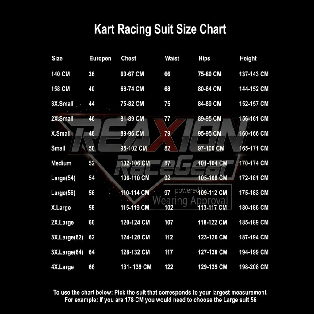 Reaxion Race Gear F1 Racing Suits Size Chart in Black Color 140CM to 4X.large