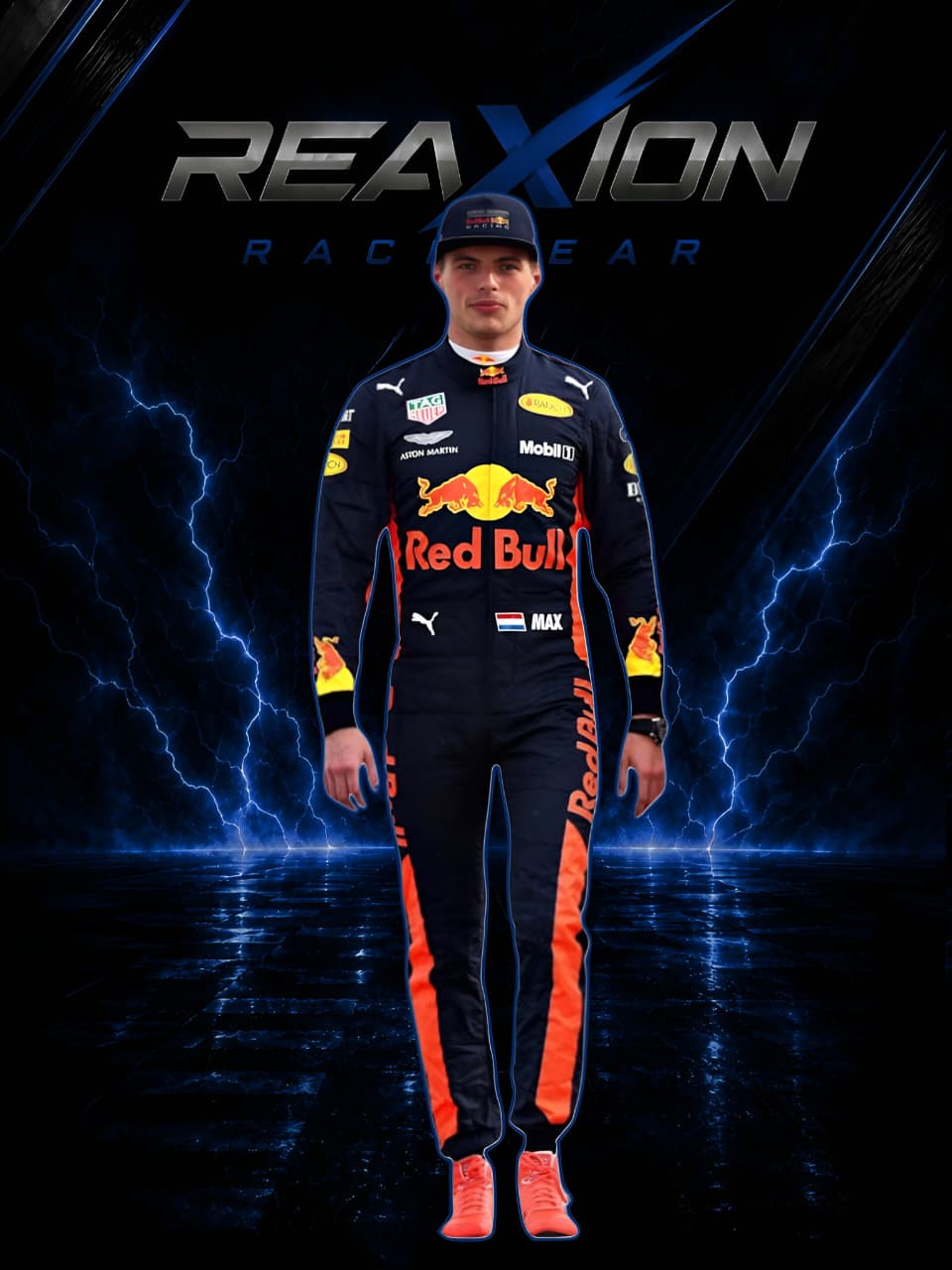Red Bull 2018 F1 Racing Suit Max Verstappen with visible branding against a dark background with lightning effects