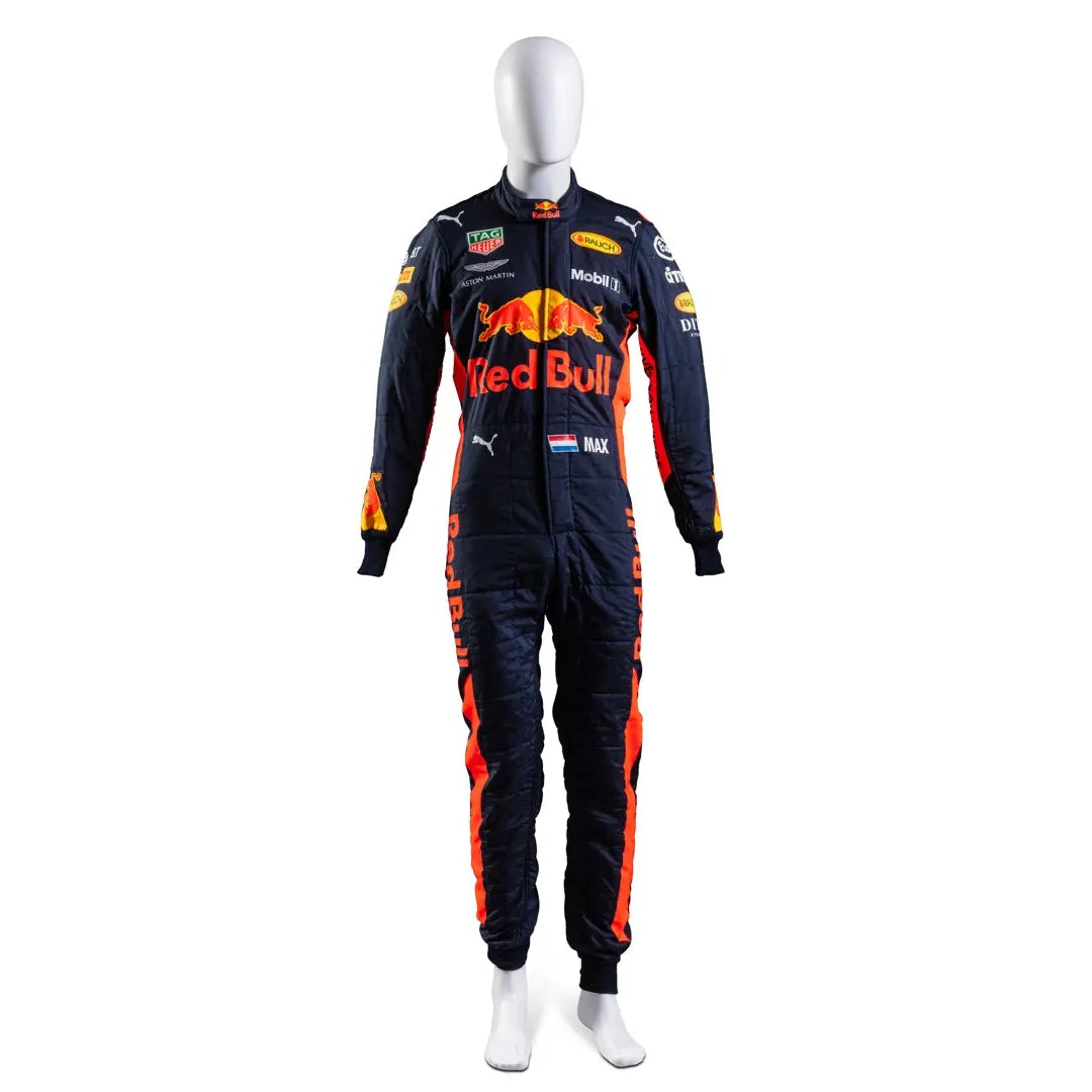 Red Bull Racing suit on a mannequin against a white background