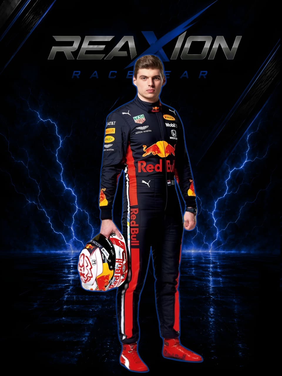Red Bull 2019 F1 Racing Suit Max Verstappen with Red Bull branding against a dark background with lightning effects.