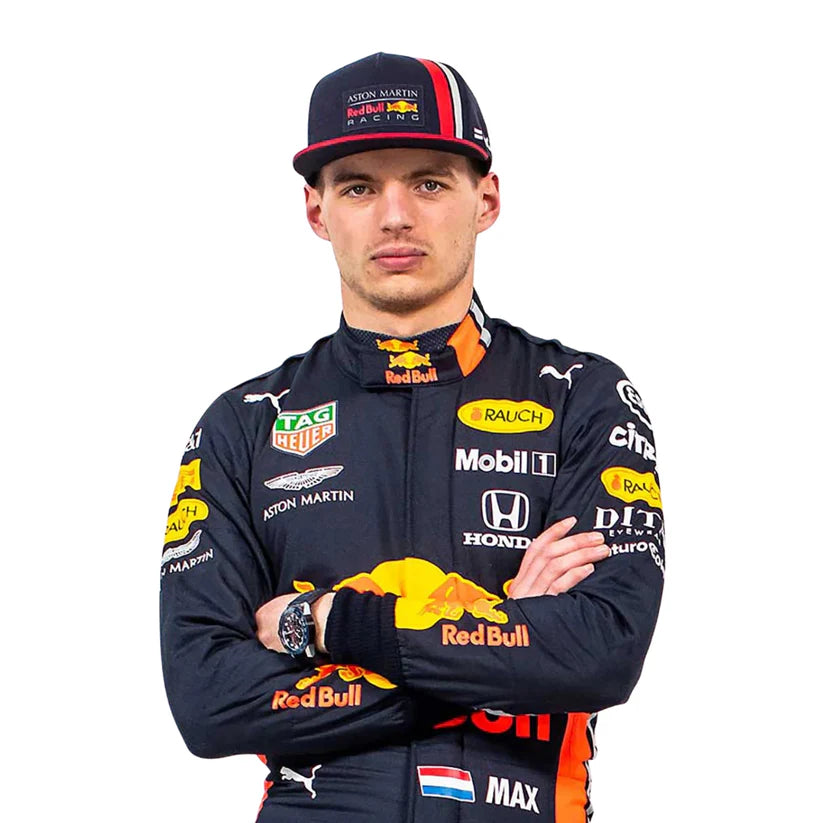 Red Bull 2019 F1 Racing Suit Max Verstappen with various sponsor logos on a white background