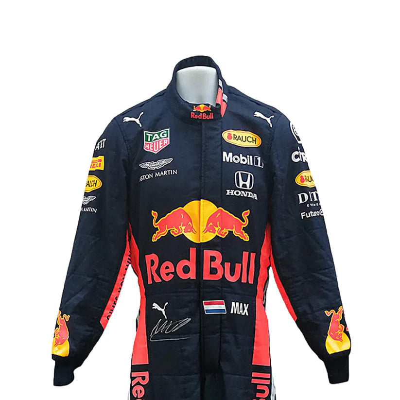 F1 racing suit with multiple brand logos on a white background