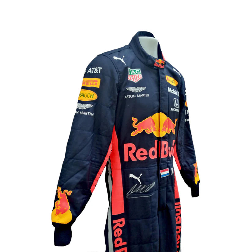 Formula 1 racing suit with various sponsor logos on a white background