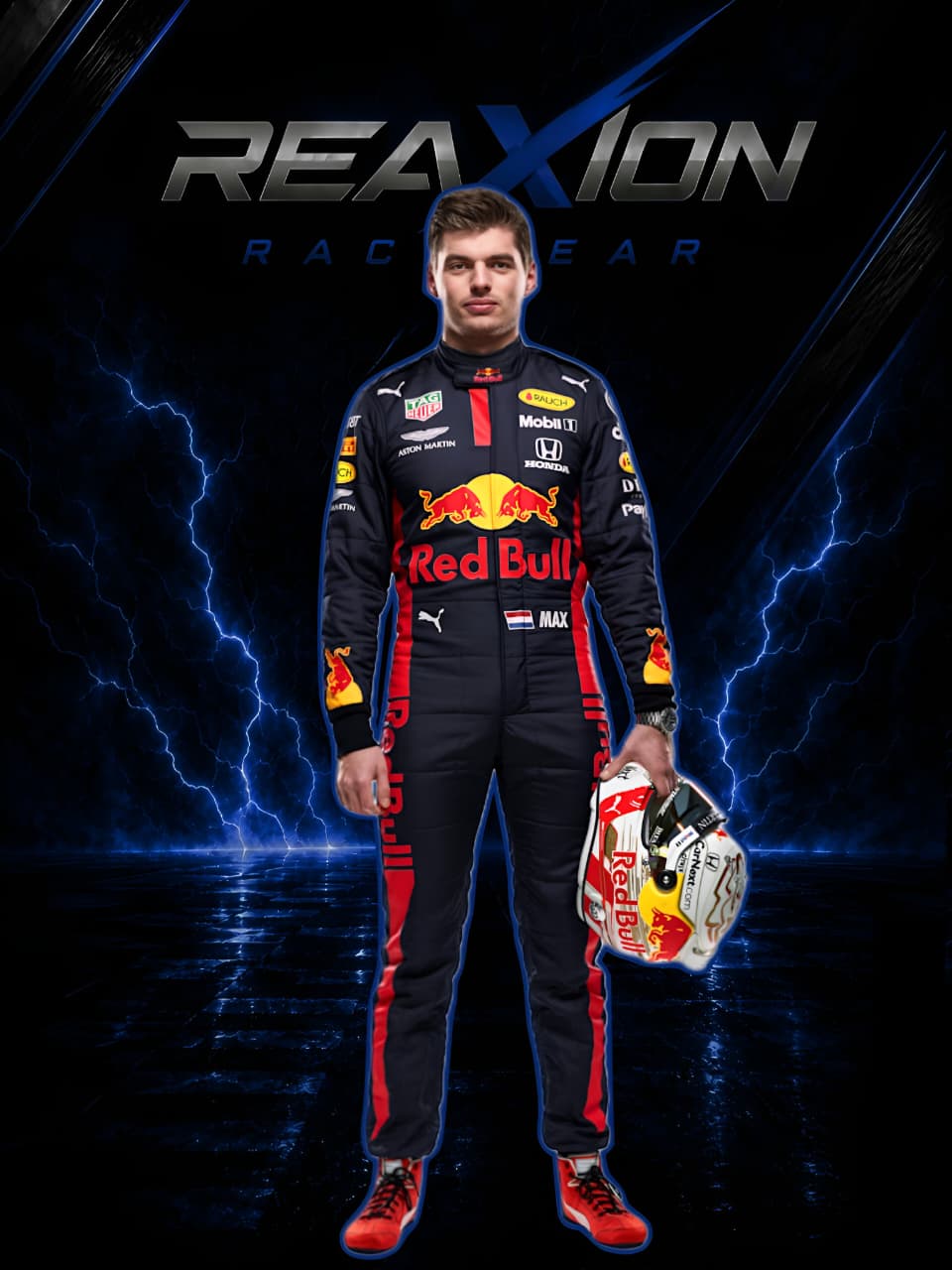 Red Bull 2020 F1 Racing Suit Max Verstappen holding a helmet against a dark background with lightning effects and 'REAXION RACEGEAR' branding.