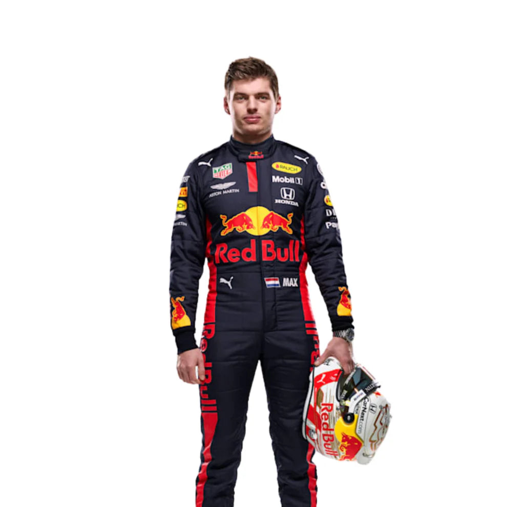 Red Bull 2020 F1 Racing Suit Max Verstappen holding a helmet on a white background