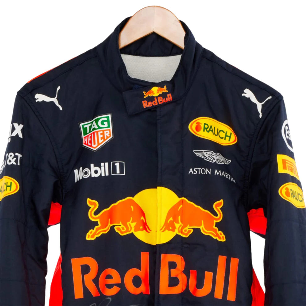Red Bull 2020 F1 Racing Suit Max Verstappen with Red Bull and various sponsor logos on a white background