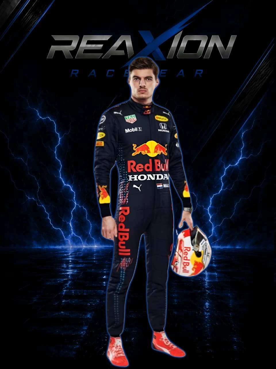 Red Bull 2021 F1 Racing Suit Max Verstappen with Red Bull and Honda logos on a dark background with lightning effects, featuring the Reaxion Racegear brand.