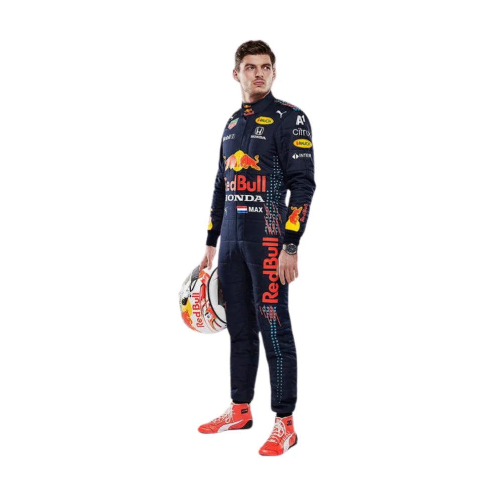 Red Bull 2021 F1 Racing Suit Max Verstappen holding a helmet on a white background
