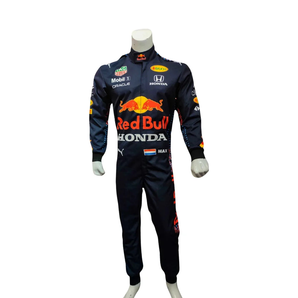 F1 racing suit with Red Bull and Honda branding on a mannequin against a white background