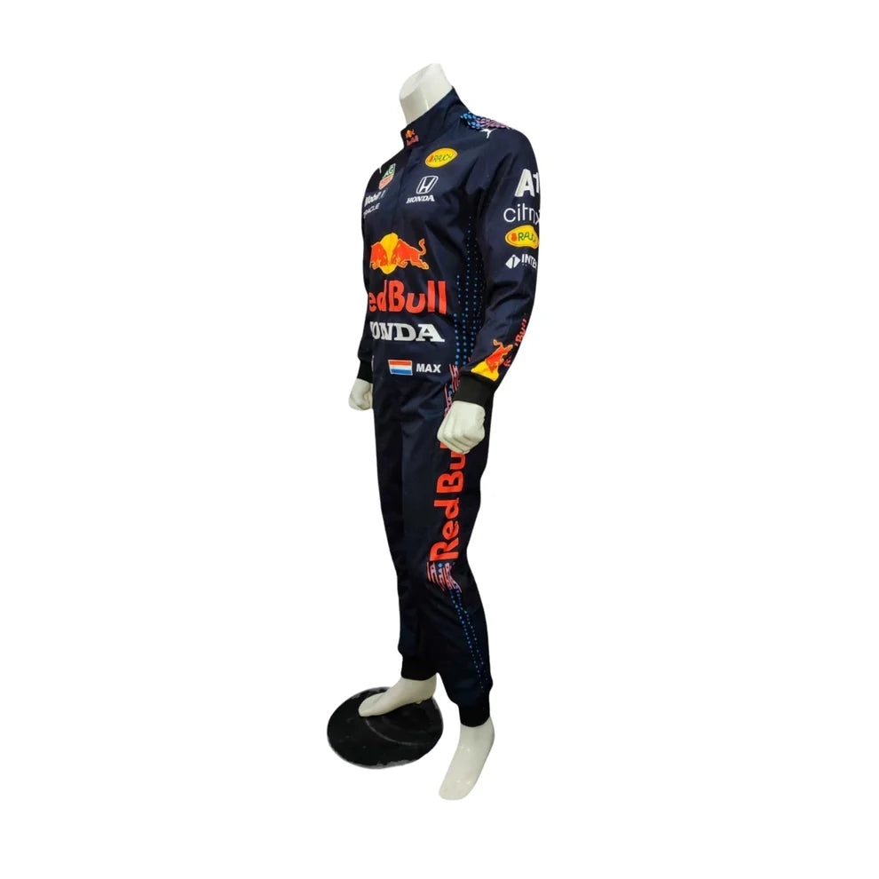 Red Bull racing suit on a mannequin with a white background