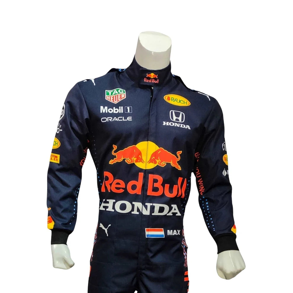 Navy racing suit with Red Bull and Honda logos on a mannequin against a white background