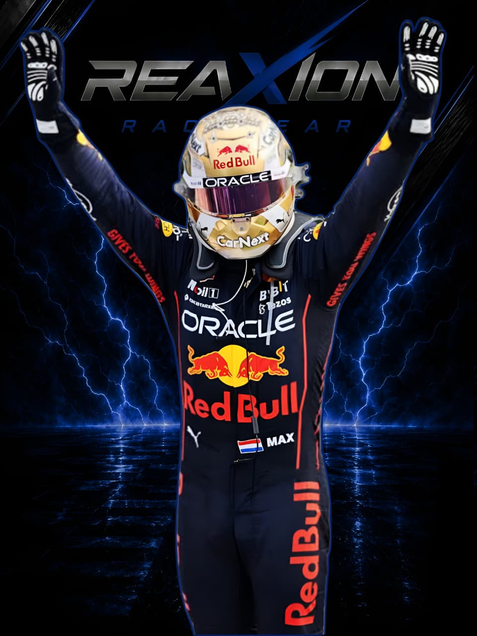 Red Bull 2022 F1 Racing Suit Max Verstappen with Red Bull and Oracle branding against a dark background with lightning effects.