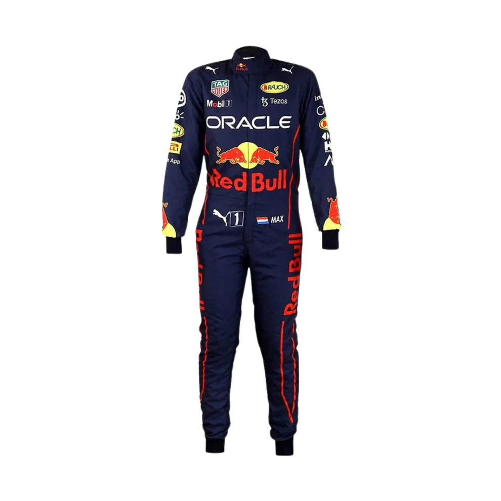 Red Bull 2022 F1 Racing Suit Max Verstappen with Red Bull and Oracle branding on a white background