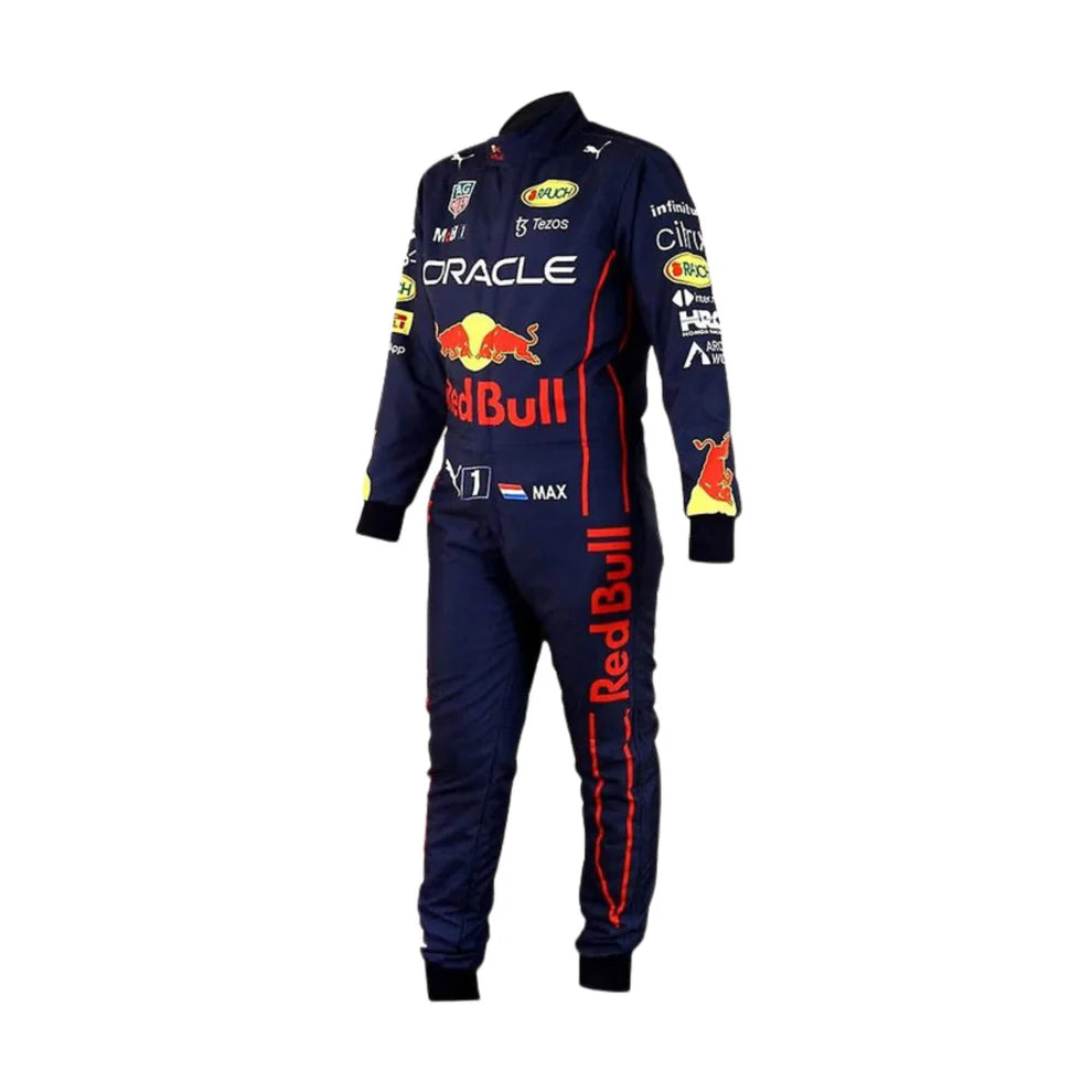 Red Bull 2022 F1 Racing Suit Max Verstappen with Red Bull and Oracle branding on a white background