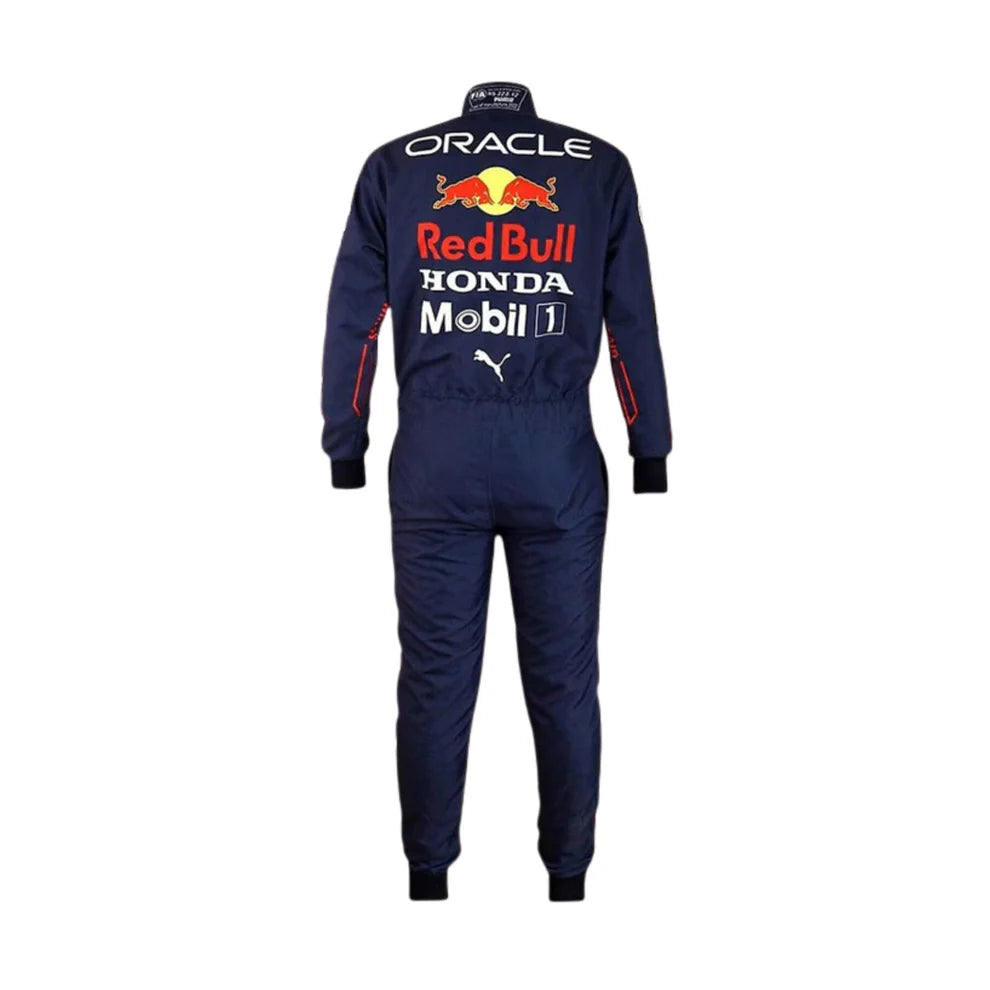 Red Bull 2022 F1 Racing Suit Max Verstappen with Red Bull and Honda branding on a white background