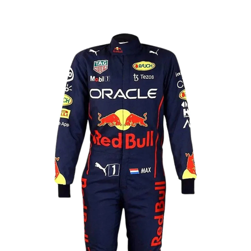 Red Bull 2022 F1 Racing Suit Max Verstappen with Red Bull and Oracle branding on a white background