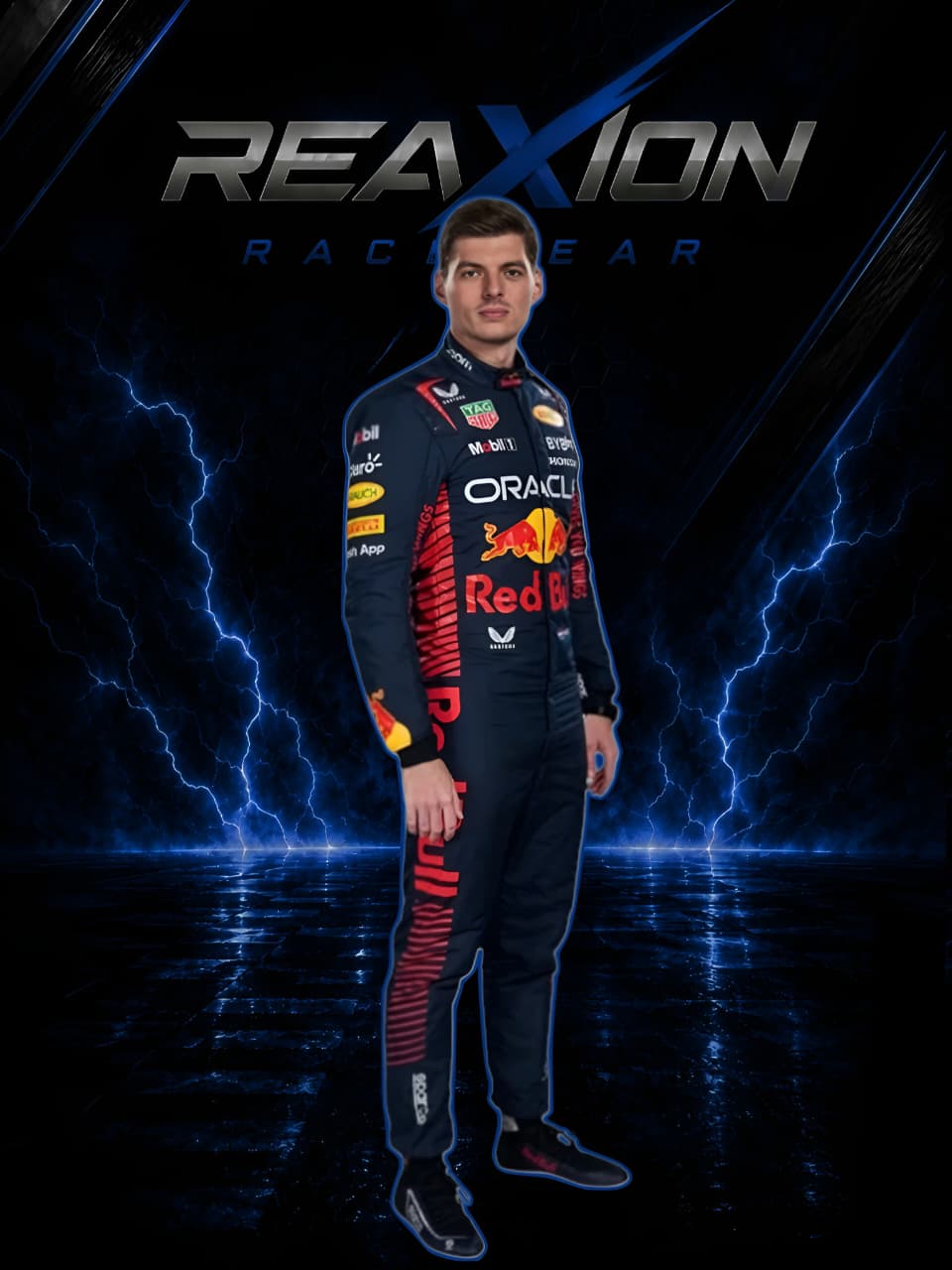 Red Bull 2023 F1 Racing Suit Max Verstappen with visible branding against a dark background with lightning effects