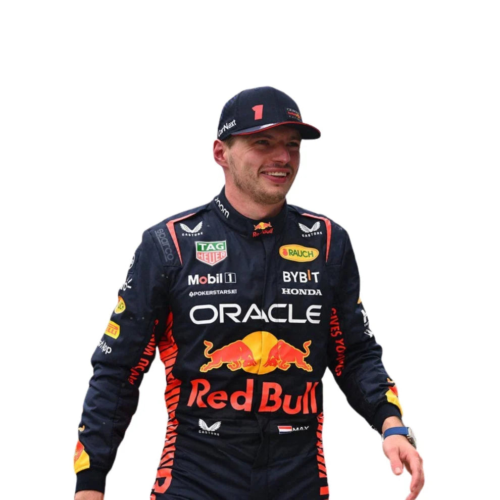 Red Bull 2023 F1 Racing Suit Max Verstappen with various sponsor logos on a white background