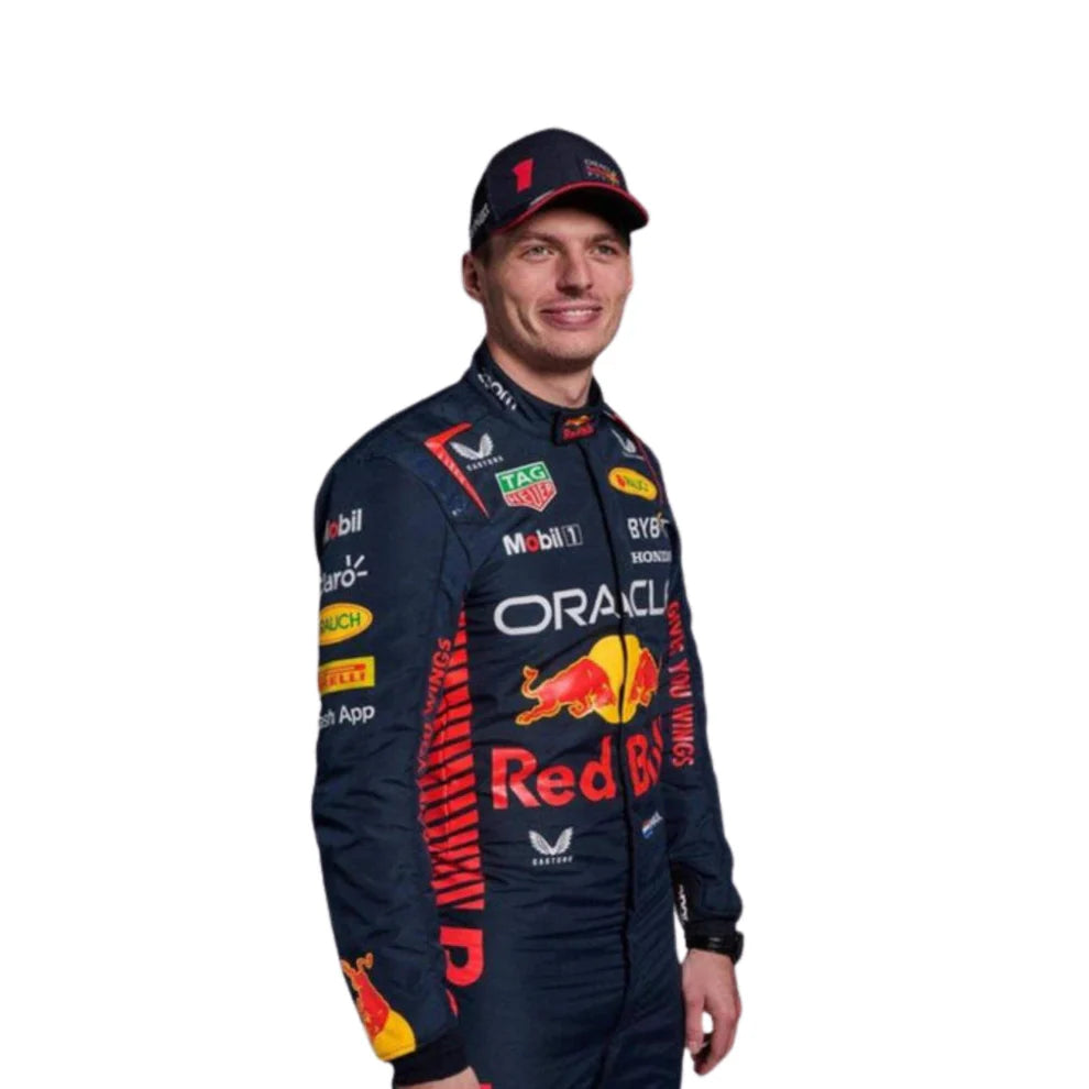 Red Bull 2023 F1 Racing Suit Max Verstappen with various sponsor logos on a white background
