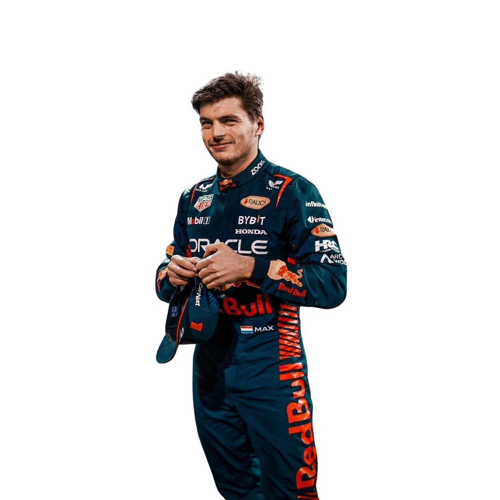 Red Bull 2023 F1 Racing Suit Max Verstappen with various sponsor logos on a white background