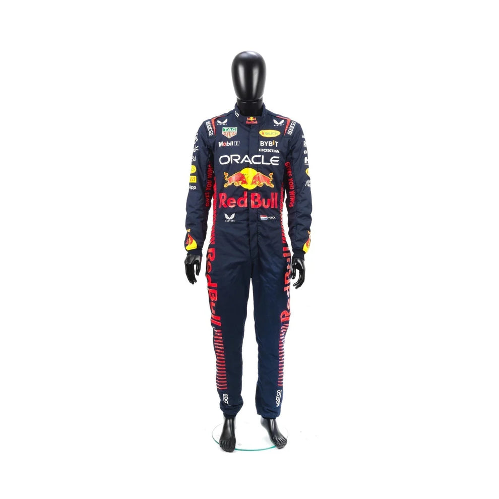 Formula 1 Racing suit with Red Bull and Oracle branding on a mannequin against a white background