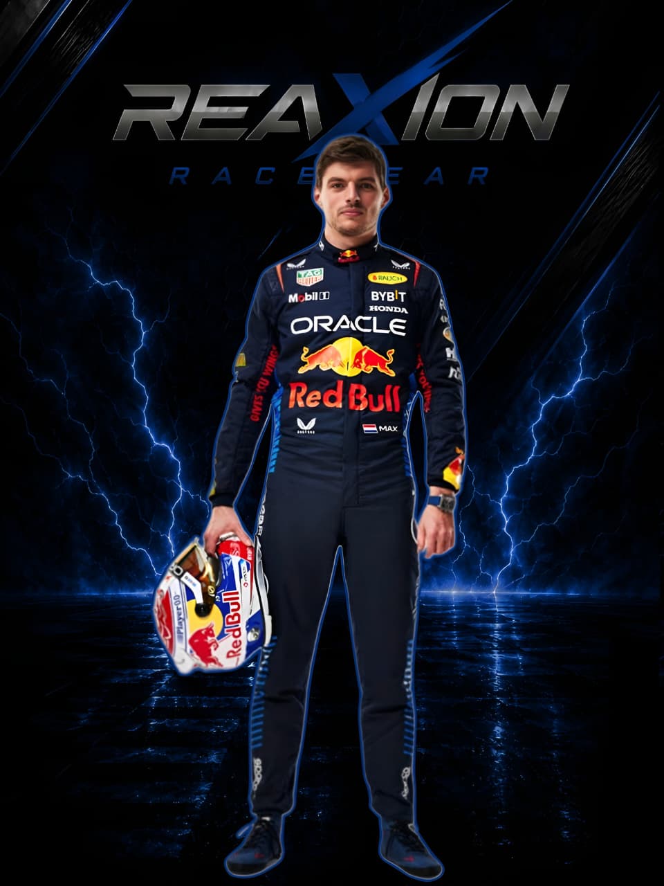 Red Bull 2024 F1 Racing Suit Max Verstappen holding a helmet with 'Red Bull' branding against a dark background with lightning effects.